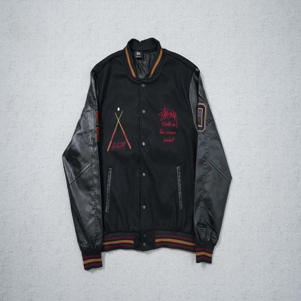 STUSSY Baseball Uniform Black 8 Embroidered Wool Jacket Black Jacket